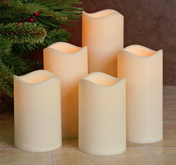 Set Of 5 Flameless Outdoor Bisque Resin Candles - 5 Hour Timer Batteries Included 4 Set Of 5 Flameless Outdoor Bisque Resin Candles - 5 Hour Timer Batteries Included - Image 2