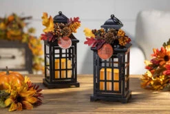 Set Of 2 Battery Operated Lighted Fall Metal Lanterns With Floral Accents And Timer
