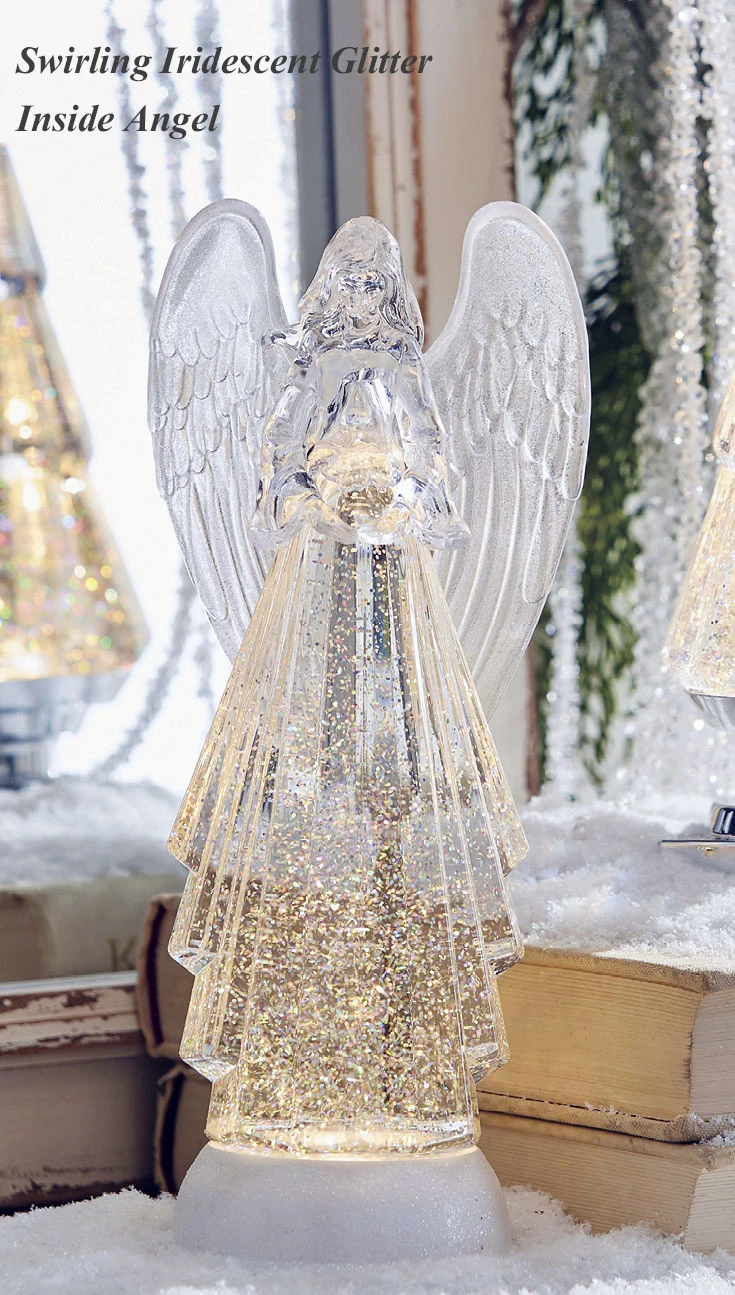13 Inch Lighted Angel With Silver Swirling Glitter Water Lantern - Timer 3 13 Inch Lighted Angel With Silver Swirling Glitter Water Lantern - Timer