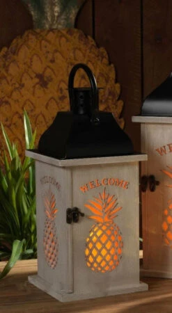 Welcome Pineapple Lantern Wood And Metal Battery Operated - 12 Inch
