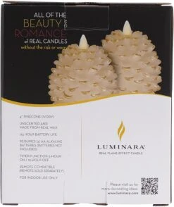 Luminara 4 Inch White Pine Cone Candle Battery Operated - Timer -Decorative Candle Shop white pinecone box back